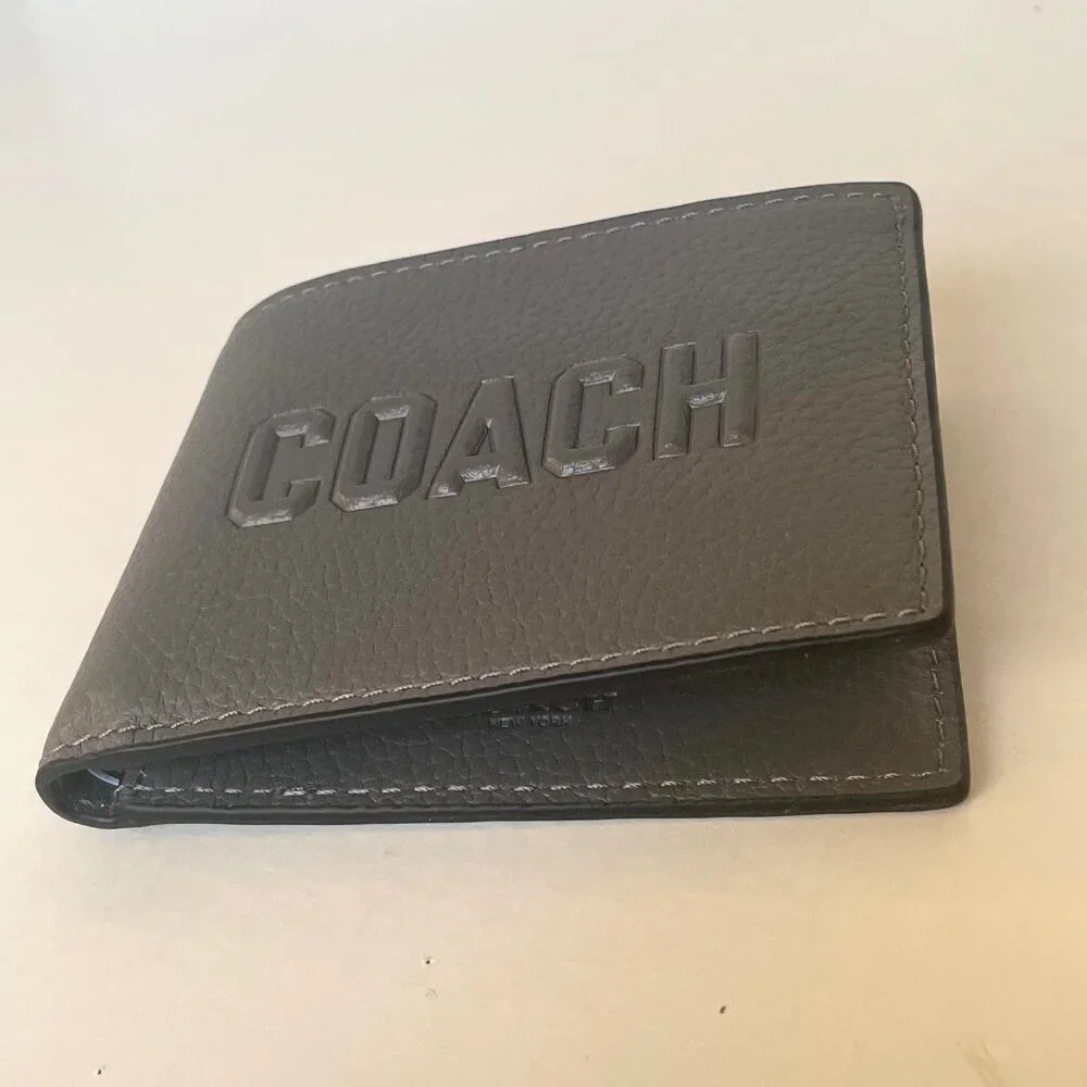 Coach Slim Billfold Wallet Charcoal Gray Graphic Pebbled Leather Mens CZ062